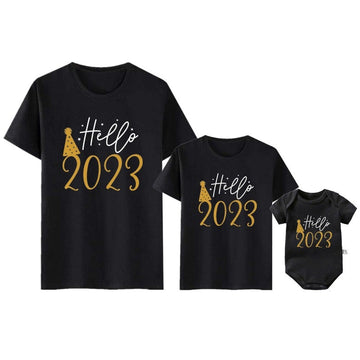 Funny Hello 2023 Family Matching Outfits Cotton Mother Father and Daughter Son Tshirt Baby Romper Family Look New Year's Clothes