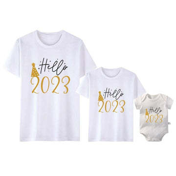 Funny Hello 2023 Family Matching Outfits Cotton Mother Father and Daughter Son Tshirt Baby Romper Family Look New Year's Clothes